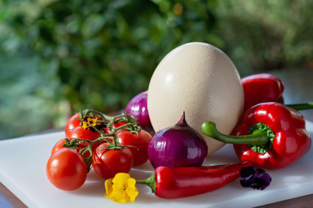 Ostrich egg, farm organic vegetables, tomatoes, paprika, onion, chili. Ingredients for making an omelet, shakshuka. Soft selective focus.の写真素材
