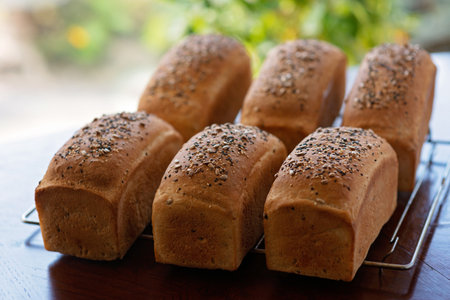 Homemade freshly baked white grain bread on a baking rack against a background of summer green leaves. Soft selective focus.の写真素材
