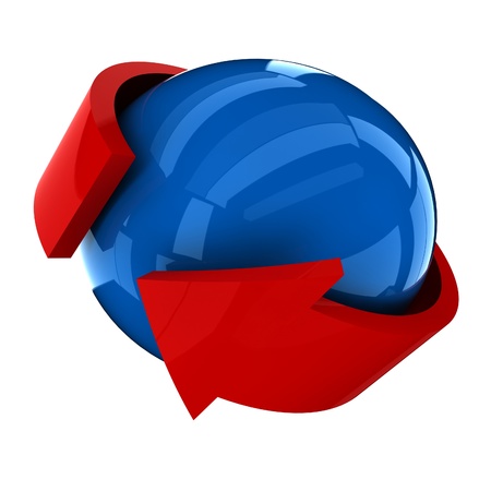the blue ball with the blue arrow on a white backgroundの写真素材