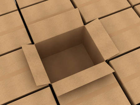 Opened cardboard box and some clossed boxes
