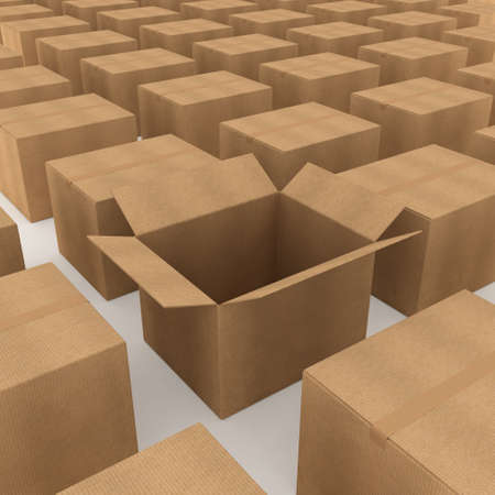 Opened cardboard box and some clossed boxes