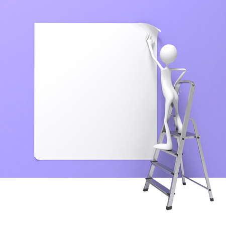 Man Standing on Ladder Fixes Banner on Wall.の写真素材