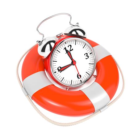 Alarmclock in Lifebuoy on White Background  Save the time concept の写真素材