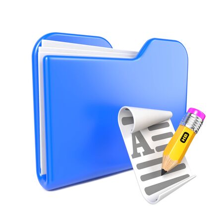 Blue Folder with Yellow Pencil and Toon File Icon  Isolated on White の写真素材