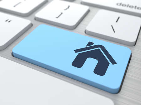  Home  Blue Button on  Modern Computer Keyboard  3D Render の写真素材
