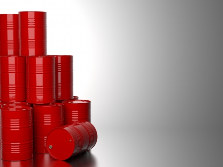Bunch of Red Barrels for Oil on Gray Background. 3D Render.の写真素材