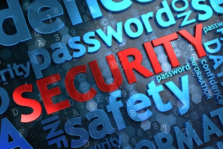 Security - Wordcloud Concept. The Word in Red Color, Surrounded by a Cloud of Blue Words.の写真素材