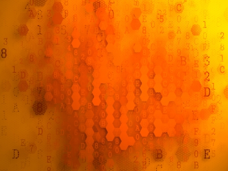 Digital Background. Pixelated Series Of Numbers Of Orange Color Falling Down on the Yellow...