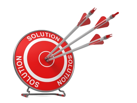 Solution - Business Background. Three Arrows Hitting the Center of a Red Target, where is Written "Solution". 3D Render.の写真素材