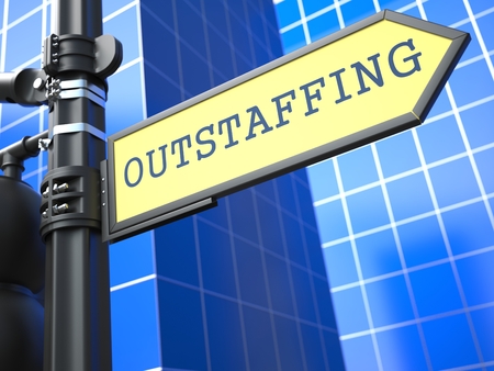 Outstaffing Word on Yellow Roadsign on Blue Urban Background Business Concept 3D Render Outstaffing Word on Yellow Roadsign on Blue Urban Background Business Concept 3D Render
