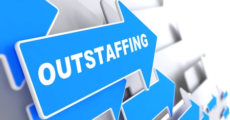 Outstaffing - Business Background Blue Arrow with Outstaffing Slogan on a Grey Background 3D Render Outstaffing - Business Background Blue Arrow with Outstaffing Slogan on a Grey Background 3D Render