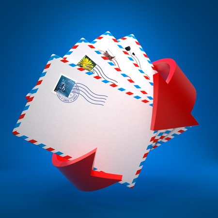Some of Letters in Envelopes Surrounded Red Arrow on Blue Background. Communication Concept.