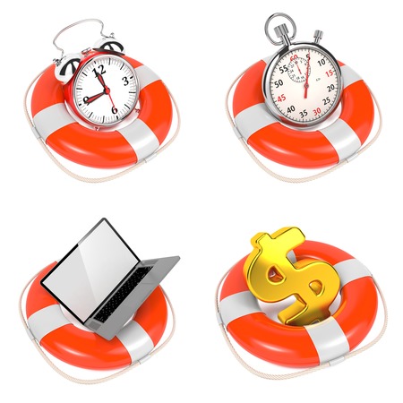 Alarmclock in Lifebuoy on White Background. Save the time concept.
