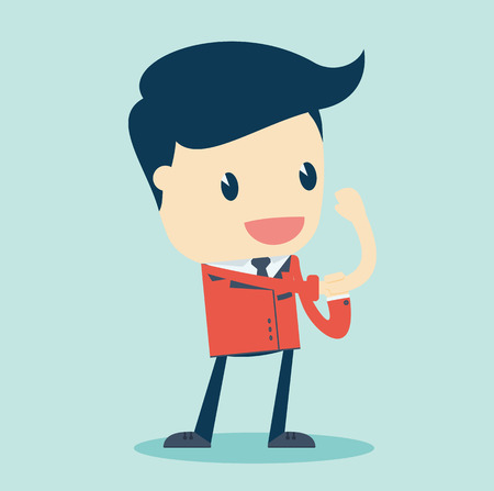 Cartoon Illustration of a Speaking Businessman Roll Up Their Sleeves on a Blue Background. Vector Illustration.のイラスト素材