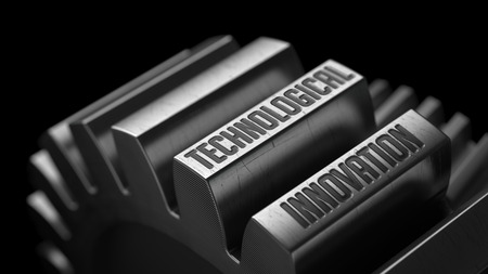 Technological Innovation on the Metal Gears on Black Background.の写真素材