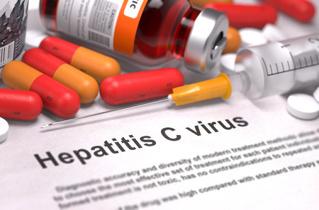 Diagnosis - Hepatitis C Virus. Medical Report with Composition of Medicaments - Red Pills, Injections and Syringe. Selective Focus. Diagnosis - Hepatitis C Virus. Medical Report with Composition of Medicaments - Red Pills, Injections and Syringe. Selective Focus.