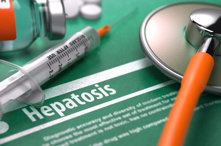 Diagnosis - Hepatosis. Medical Concept on Green Background with Blurred Text and Composition of Pills, Syringe and Stethoscope. Selective Focus.の写真素材