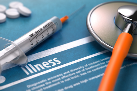 Illness - Medical Concept with Blurred Text, Stethoscope, Pills and Syringe on Blue Background. Selective Focus.の写真素材