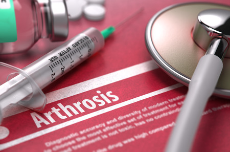 Diagnosis - Arthrosis. Medical Concept on Red Background with Blurred Text and Composition of Pills, Syringe and Stethoscope. Selective Focus.の写真素材