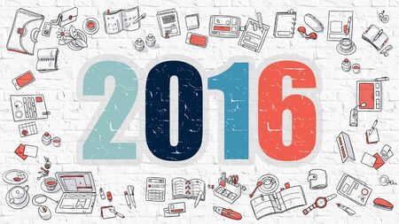 2016 Concept. Modern Line Style Illustation. Multicolor 2016 Drawn on White Brick Wall. Doodle...