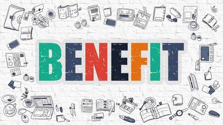 Benefit - Multicolor Concept with Doodle Icons Around on White Brick Wall Background. Modern...