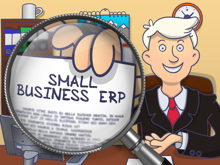 Small Business Erp. Smiling Man Welcomes in Office and Showing Paper with Text through Magnifier. Colored Doodle Style Illustration.の写真素材