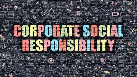 Corporate Social Responsibility Concept. Corporate Social Responsibility Drawn on Dark Brick Wall. Corporate Social Responsibility Concept in Multicolor Modern Doodle Style.の写真素材