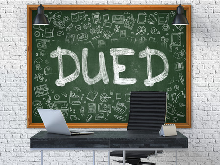 Hand Drawn Dued on Green Chalkboard. Modern Office Interior. White Brick Wall Background. Business Concept with Doodle Style Elements. 3D.の写真素材