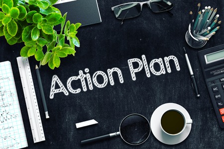 Black Chalkboard with Action Plan. 3d Rendering. Toned Image.の写真素材