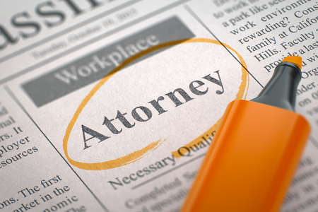 A Newspaper Column in the Classifieds with the Small Ads of Job Search of Attorney, Circled with a Orange Highlighter. Blurred Image with Selective focus. Job Seeking Concept. 3D Illustration.の写真素材
