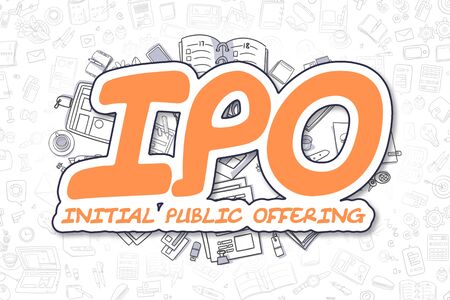 IPO - Initial Public Offering - Sketch Business Illustration. Orange Hand Drawn Word IPO - Initial Public Offering Surrounded by Stationery. Doodle Design Elements.の写真素材