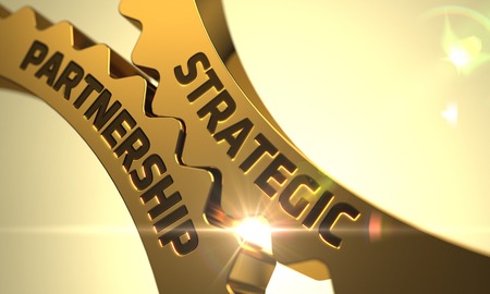 Strategic Partnership on the Mechanism of Golden Metallic Gears with Lens Flare. 3D Render. Strategic Partnership on the Mechanism of Golden Metallic Gears with Lens Flare. 3D Render.
