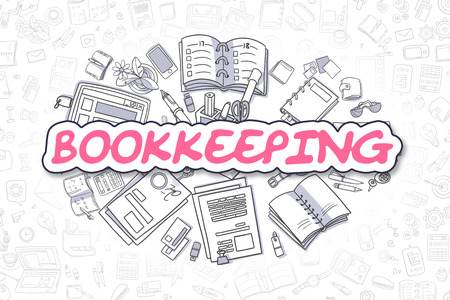 Business Illustration of Bookkeeping. Doodle Magenta Word Hand Drawn Cartoon Design Elements. Bookkeeping Concept.の写真素材
