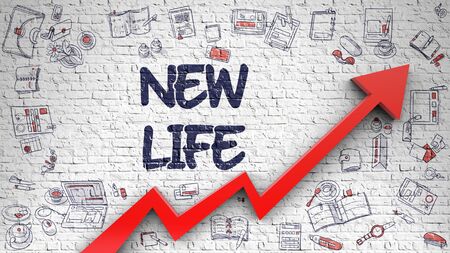 New Life Inscription on the Modern Line Style Illustation. with Red Arrow and Doodle Design Icons Around. New Life Drawn on White Wall. Illustration with Doodle Design Icons. 3d.の写真素材
