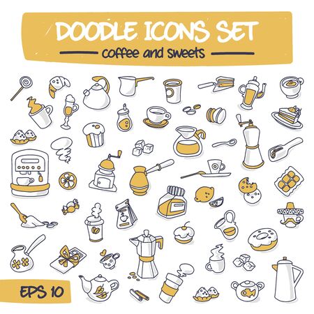 Thin Doodle Icons Set - Coffee and Sweets. Sketch Sign Illustration on Paper of Hand Drawn Elements. Hand Drawing Thin Line Icons for Web, App, Mobile, Business, Education and Printing Fayers .のイラスト素材