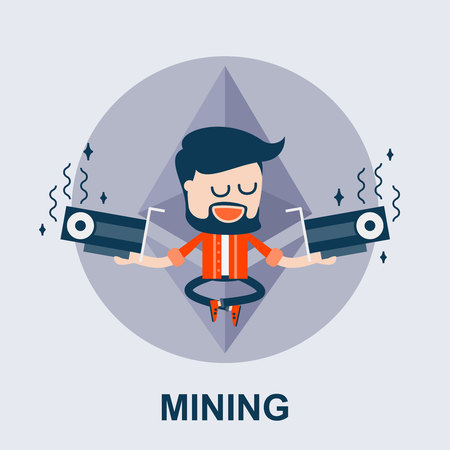 Ethereum or Another Cyptocurrency Mining - Cartoon Comic Vector Concept. Illustration of Blockchain and GPU Mining. The Miner Holds Two Videocards - ETH Cartoon Mining Concept.のイラスト素材