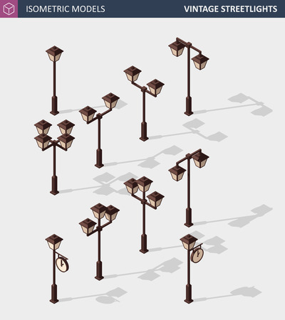 Vintage Streetlights or Retro Street Lamp Lights Isolated on White. Isometric Vector Illustration.のイラスト素材