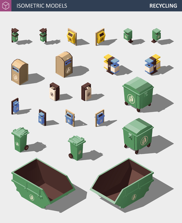 Modern Recycle Mixed Waste Garbage Bin Illustration Set. Trash Bin Icons Set. Vector Isometric 3d Illustration of Trash Bins and Containers.のイラスト素材