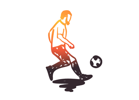 Hand Drawn Soccer or Football Player Shooting a Ball. Vector Image Concept Sketch.のイラスト素材