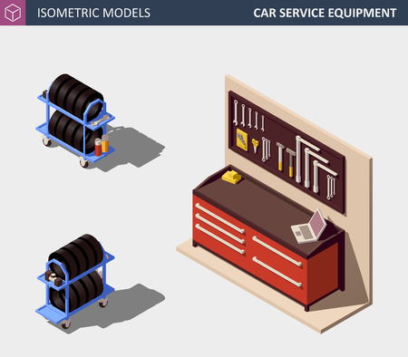 Car Service Equipment Set. Includes Tire Rack and Work Bench. Vector Isometric Illustration.のイラスト素材