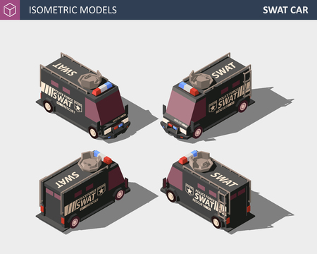 Isometric Police Van. Armored Special Forces Vehicle with Rooftop Flashing Lights and Emblems. SWAT Isometric High Quality Element. EPS 10 Vector. Flat Style Illustration.のイラスト素材