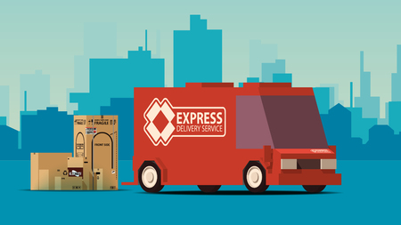 Red Delivery Truck on City Landscape Background. IsoFlat Styled Vector Illustration.のイラスト素材