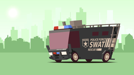 Police Van. Armored Special Forces Vehicle SWAT. Comic Cartoon Styled Side View Police Car on Orange Landscape Background. IsoFlat Styled Vector Illustration.のイラスト素材