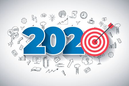 Year 2020 - Business Concept with Target. Hand Drawn in Red and Blue Colors Creative Text, on Hand...
