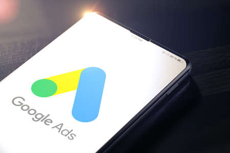 KYIV, UKRAINE-JANUARY, 2020: Google Ads on Cellphone Screen. Google Ads is an Online Advertising Platform where Advertisers Pay to Display Advertisements, Service Offerings and Product Listings. 3D.のeditorial素材
