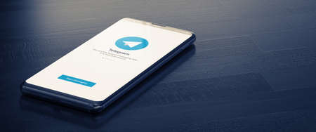 KYIV, UKRAINE-JANUARY, 2020: Telegram on Mobile Phone Screen. Telegram - Most Popular Messenger for Communication Between People in Internet. 3D Illustration.のeditorial素材
