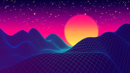 Retro Background Futuristic Landscape 1980s Style. Digital Retro Landscape Cyber Surface. 80s Party Background. Retro 80s Fashion Sci-Fi Background Landscape. Digital Landscape in a Cyber Worldのイラスト素材