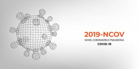 Novel Coronavirus 2019-nCoV. Virus Covid 19-NCP. SARS CoV 2 Denoted is Single-stranded RNA VIRUS. Viral Cell Polygon Mesh on Light Background. Linear Outline Style with Sample Text. Simple Vector.のイラスト素材