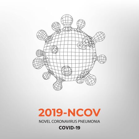 Novel Coronavirus 2019-nCoV. Virus Covid 19-NCP. SARS CoV 2 Denoted is Single-stranded RNA VIRUS. Viral Cell Polygon Mesh on Light Background. Linear Outline Style with Sample Text. Simple Vector.のイラスト素材