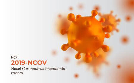 Novel Coronavirus 2019-nCoV. SARS-CoV-2 is a Positive-sense Single-stranded RNA Virus. Background with realistic 3d orange Viruses Cells. SARS-CoV2. Vector illustration with Selective Focus.のイラスト素材